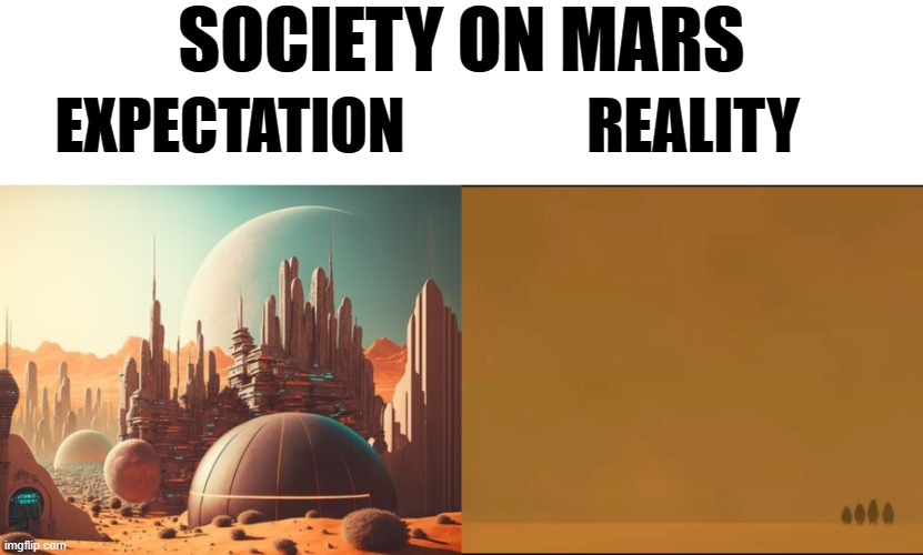 Reality is often disappointing. | SOCIETY ON MARS; EXPECTATION; REALITY | image tagged in memes,funny,expectation vs reality,mars | made w/ Imgflip meme maker