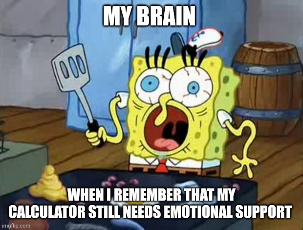 My calculator needs emotional support | MY BRAIN; WHEN I REMEMBER THAT MY CALCULATOR STILL NEEDS EMOTIONAL SUPPORT | image tagged in crazy spongebob | made w/ Imgflip meme maker