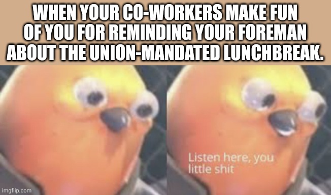 Crap Coworkers | WHEN YOUR CO-WORKERS MAKE FUN OF YOU FOR REMINDING YOUR FOREMAN ABOUT THE UNION-MANDATED LUNCHBREAK. | image tagged in listen here you little shit bird | made w/ Imgflip meme maker