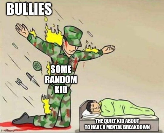 Very few can relate | BULLIES; SOME RANDOM KID; THE QUIET KID ABOUT TO HAVE A MENTAL BREAKDOWN | image tagged in soldier protecting sleeping child,quiet kid,middle school,high school,bullies | made w/ Imgflip meme maker