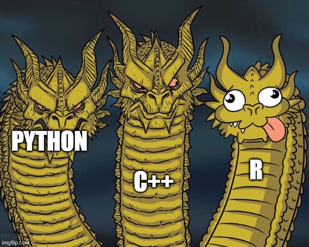 Python vs C++ vs R | C++; PYTHON; R | image tagged in three dragons | made w/ Imgflip meme maker