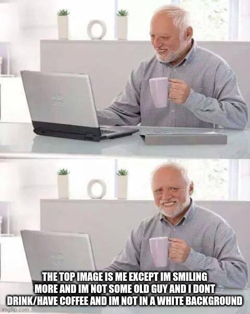 im just vibing here makin memes | THE TOP IMAGE IS ME EXCEPT IM SMILING MORE AND IM NOT SOME OLD GUY AND I DONT DRINK/HAVE COFFEE AND IM NOT IN A WHITE BACKGROUND | image tagged in memes,hide the pain harold | made w/ Imgflip meme maker