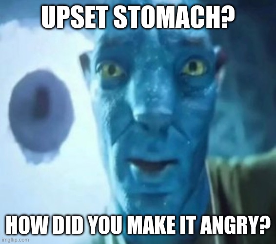 Avatar guy | UPSET STOMACH? HOW DID YOU MAKE IT ANGRY? | image tagged in avatar guy,angry,stomach,2023,sick | made w/ Imgflip meme maker