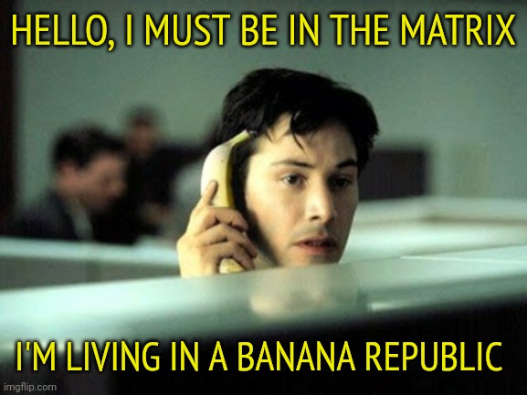 Democracy will not survive a banana republic | HELLO, I MUST BE IN THE MATRIX; I'M LIVING IN A BANANA REPUBLIC | image tagged in banana phone,banana republic | made w/ Imgflip meme maker