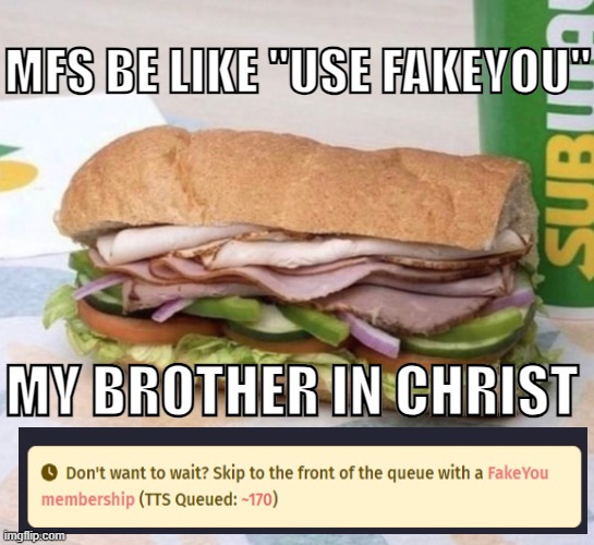 Who else agrees with me? | MFS BE LIKE "USE FAKEYOU"; MY BROTHER IN CHRIST | image tagged in subway sandwich,fakeyou,memes,my brother in christ | made w/ Imgflip meme maker