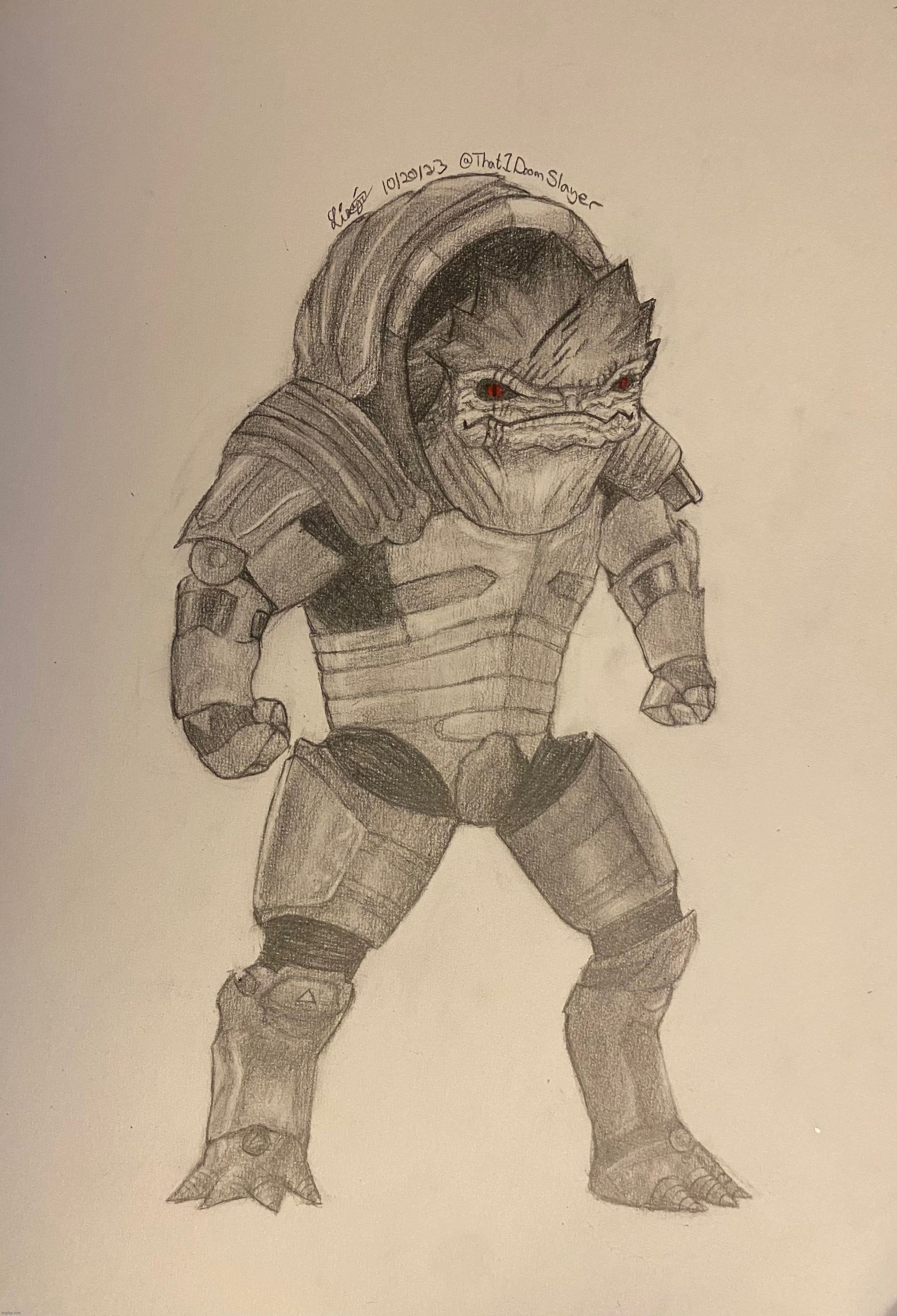 BEHOLD, URDNOT WREX FROM THE HIT GAME MASS EFFECT | image tagged in drawing,mass effect,yippie,akskfkwnfkwnfks,he looks so cool,wrex is my bff fr fr ong | made w/ Imgflip meme maker