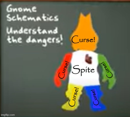 Five Curses and spite live in each gnome this truth can't be ignored | Curse! Spite; Curse! Curse! Curse! Curse! | image tagged in the best way to get rid of a gnome,is to throw that gnome overboard | made w/ Imgflip meme maker