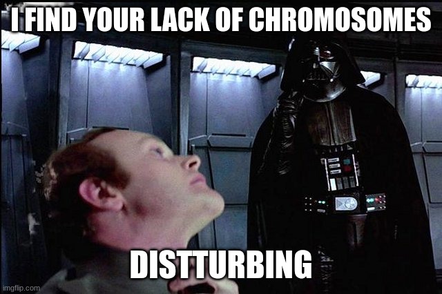 I find your lack of faith disturbing | I FIND YOUR LACK OF CHROMOSOMES; DISTTURBING | image tagged in i find your lack of faith disturbing | made w/ Imgflip meme maker