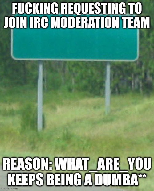 fgdvbv fcdsf | FUCKING REQUESTING TO JOIN IRC MODERATION TEAM; REASON: WHAT_ARE_YOU KEEPS BEING A DUMBA** | image tagged in green road sign blank | made w/ Imgflip meme maker