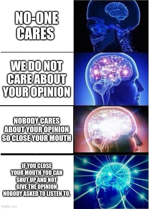 ways to say the words "shut up." (its ways not telling you to shut up) | NO-ONE CARES; WE DO NOT CARE ABOUT YOUR OPINION; NOBODY CARES ABOUT YOUR OPINION SO CLOSE YOUR MOUTH; IF YOU CLOSE YOUR MOUTH YOU CAN SHUT UP AND NOT GIVE THE OPINION NOBODY ASKED TO LISTEN TO. | image tagged in memes,expanding brain | made w/ Imgflip meme maker