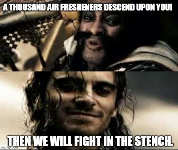 When someone goes ham on the air freshener in the workplace | A THOUSAND AIR FRESHENERS DESCEND UPON YOU! THEN WE WILL FIGHT IN THE STENCH. | image tagged in 300 fight in the shade | made w/ Imgflip meme maker