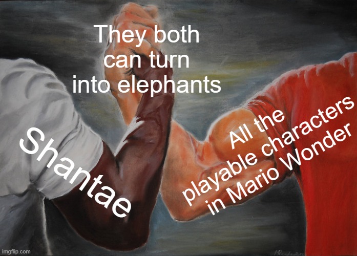 Epic Handshake | They both can turn into elephants; All the playable characters in Mario Wonder; Shantae | image tagged in memes,epic handshake | made w/ Imgflip meme maker