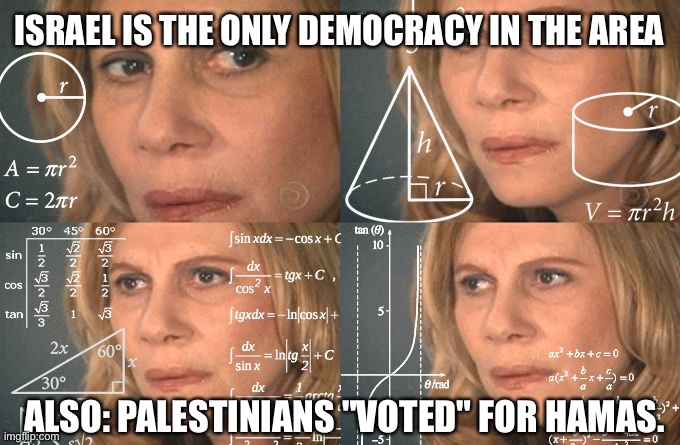 Spoiler alert: Israel funds Hamas | ISRAEL IS THE ONLY DEMOCRACY IN THE AREA; ALSO: PALESTINIANS "VOTED" FOR HAMAS. | image tagged in calculating meme | made w/ Imgflip meme maker