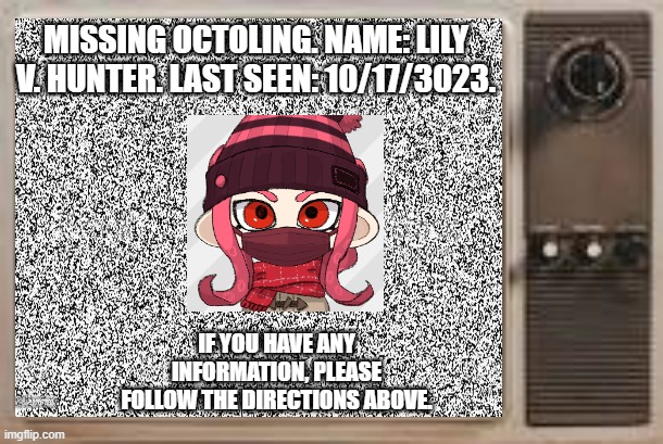 TV Static | MISSING OCTOLING. NAME: LILY V. HUNTER. LAST SEEN: 10/17/3023. IF YOU HAVE ANY INFORMATION, PLEASE FOLLOW THE DIRECTIONS ABOVE. | image tagged in tv static | made w/ Imgflip meme maker