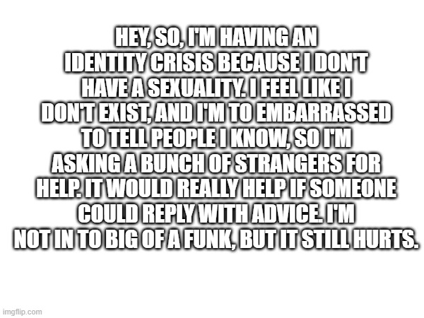 I'm sharing very personal information on the internet. YAY! :D | HEY, SO, I'M HAVING AN IDENTITY CRISIS BECAUSE I DON'T HAVE A SEXUALITY. I FEEL LIKE I DON'T EXIST, AND I'M TO EMBARRASSED TO TELL PEOPLE I KNOW, SO I'M ASKING A BUNCH OF STRANGERS FOR HELP. IT WOULD REALLY HELP IF SOMEONE COULD REPLY WITH ADVICE. I'M NOT IN TO BIG OF A FUNK, BUT IT STILL HURTS. | image tagged in identity crisis | made w/ Imgflip meme maker