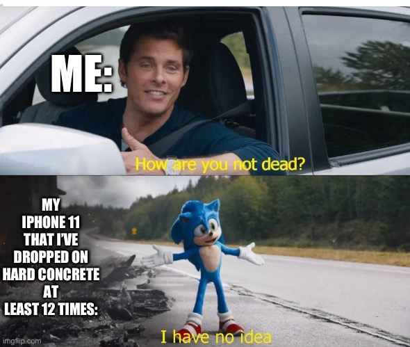 sonic how are you not dead | ME:; MY IPHONE 11 THAT I’VE DROPPED ON HARD CONCRETE AT LEAST 12 TIMES: | image tagged in sonic how are you not dead | made w/ Imgflip meme maker