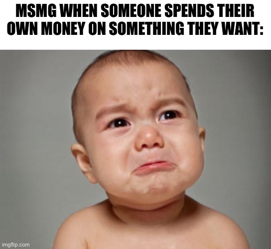 Crying Baby | MSMG WHEN SOMEONE SPENDS THEIR OWN MONEY ON SOMETHING THEY WANT: | image tagged in crying baby | made w/ Imgflip meme maker