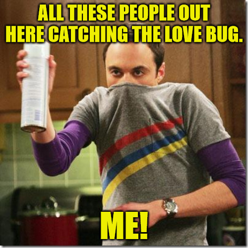 Not Today Cupid | ALL THESE PEOPLE OUT HERE CATCHING THE LOVE BUG. ME! | image tagged in air freshener sheldon cooper | made w/ Imgflip meme maker