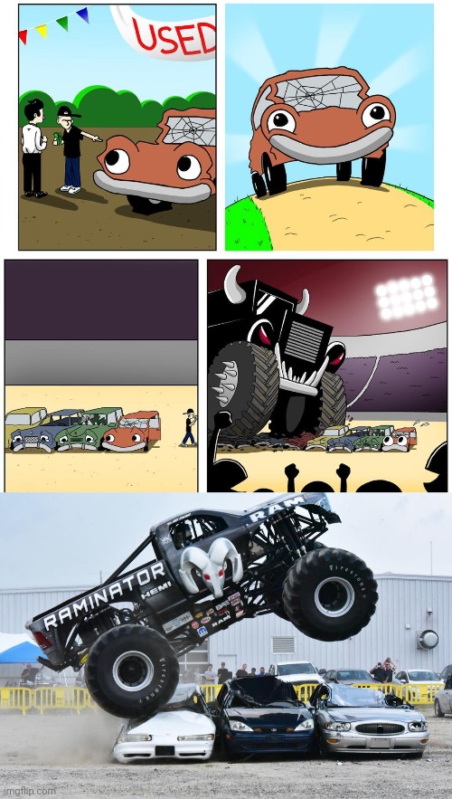 Crushing cars | image tagged in crushed dreams,cars,monster truck,comic,dark humor,memes | made w/ Imgflip meme maker