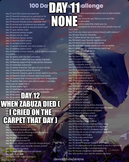 Sorry I missed 5 days I forgot | DAY 11
NONE; DAY 12
WHEN ZABUZA DIED ( I CRIED ON THE CARPET THAT DAY ) | image tagged in 100 day anime challenge | made w/ Imgflip meme maker