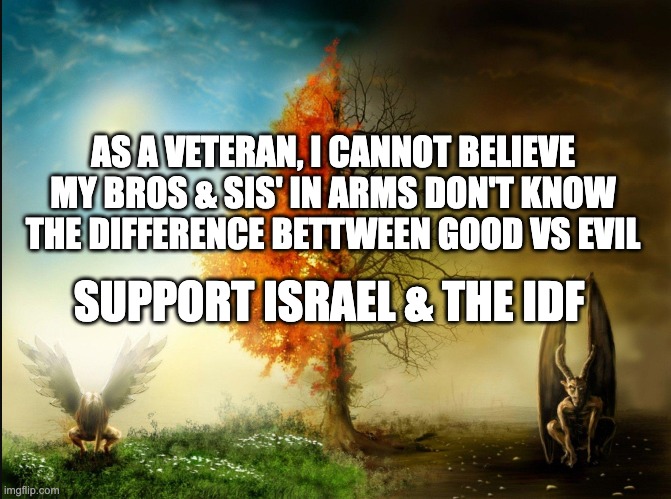 AS A VETERAN, I CANNOT BELIEVE MY BROS & SIS' IN ARMS DON'T KNOW THE DIFFERENCE BETTWEEN GOOD VS EVIL; SUPPORT ISRAEL & THE IDF | made w/ Imgflip meme maker