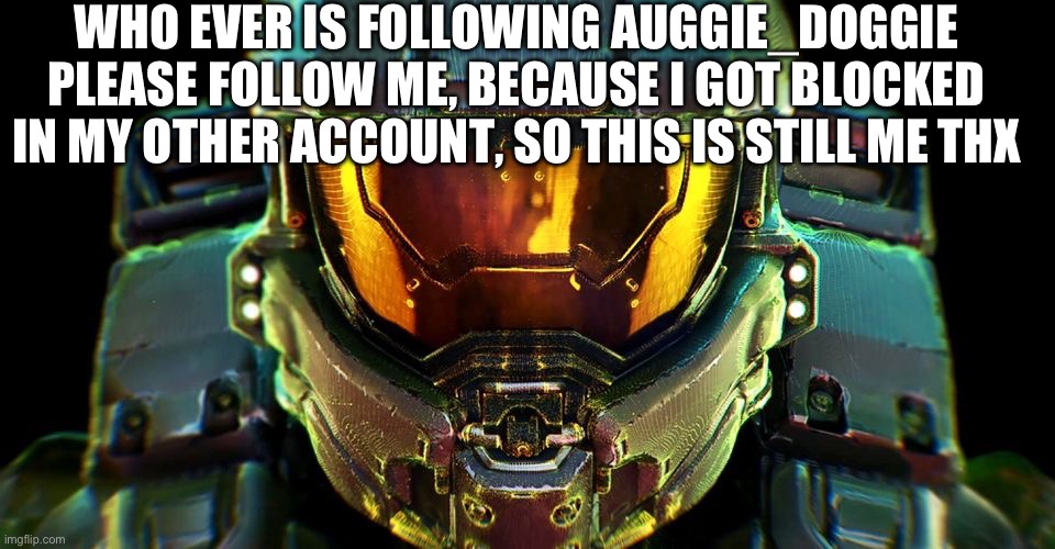 AUGGIE_DOGGIE | WHO EVER IS FOLLOWING AUGGIE_DOGGIE PLEASE FOLLOW ME, BECAUSE I GOT BLOCKED IN MY OTHER ACCOUNT, SO THIS IS STILL ME THX | image tagged in master chief confrontation | made w/ Imgflip meme maker