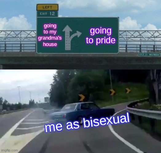 trrw is pride day for my city | going to my grandma's house; going to pride; me as bisexual | image tagged in memes,left exit 12 off ramp | made w/ Imgflip meme maker