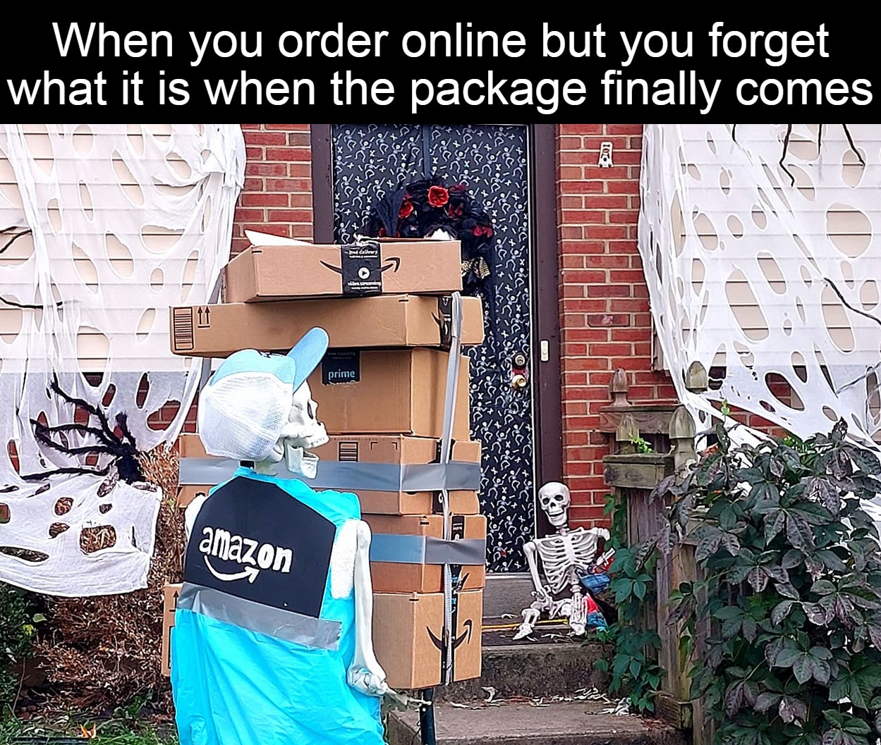 When you order online but you forget what it is when the package finally comes | image tagged in meme,memes,funny,halloween,amazon | made w/ Imgflip meme maker