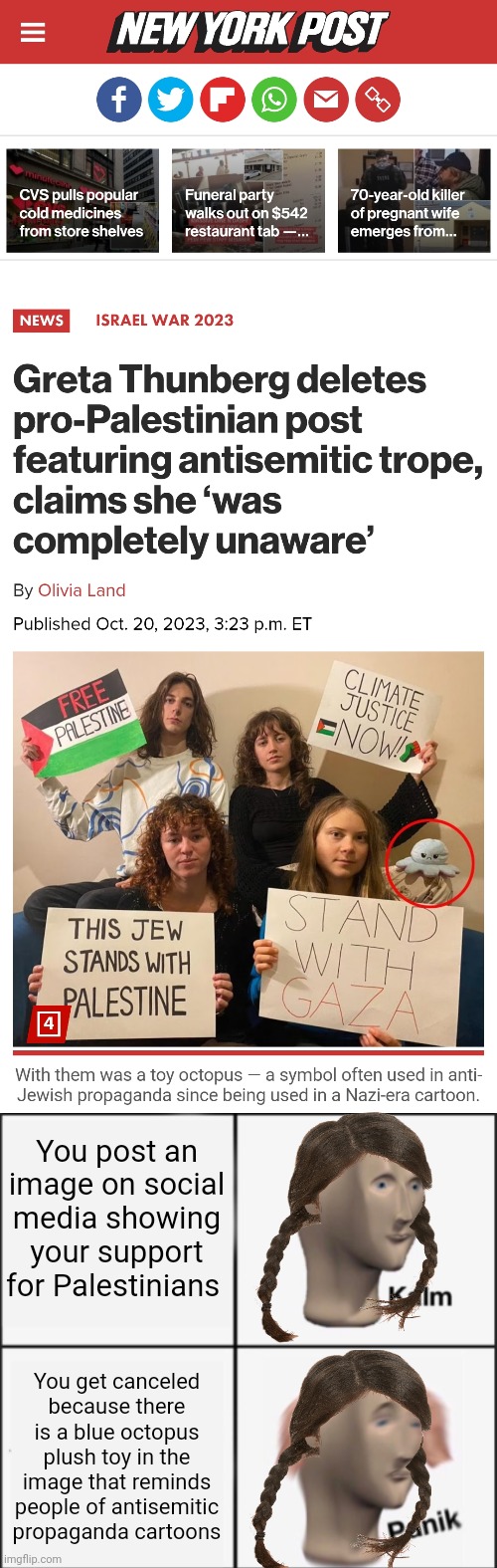 I find it rather funny how Greta Thunberg got herself accused of antisemitism | You post an image on social media showing your support for Palestinians; You get canceled because there is a blue octopus plush toy in the image that reminds people of antisemitic propaganda cartoons | image tagged in kalm panik,greta thunberg,palestine,antisemitism | made w/ Imgflip meme maker