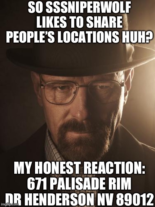 Walter White | SO SSSNIPERWOLF LIKES TO SHARE PEOPLE’S LOCATIONS HUH? MY HONEST REACTION: 671 PALISADE RIM DR HENDERSON NV 89012 | image tagged in walter white | made w/ Imgflip meme maker