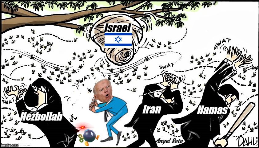 israel is a hornet's nest | Israel; Hamas; Iran; Hezbollah; Angel Soto | image tagged in joe biden,israel jews,hamas,palestine,iran,hezbollah | made w/ Imgflip meme maker