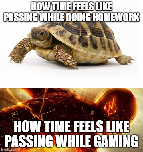 It can't just be me. | HOW TIME FEELS LIKE PASSING WHILE DOING HOMEWORK; HOW TIME FEELS LIKE PASSING WHILE GAMING | image tagged in slow vs fast meme | made w/ Imgflip meme maker