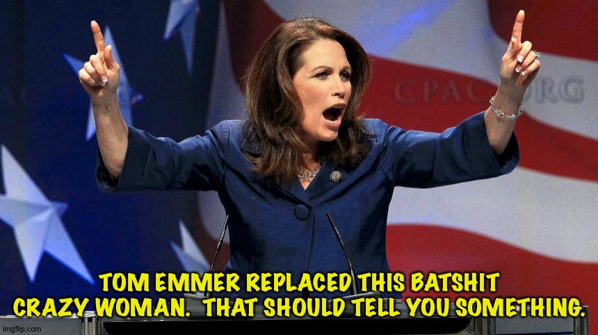 Representative Michele Bachmann - Bat Shit Crazy | TOM EMMER REPLACED THIS BATSHIT CRAZY WOMAN.  THAT SHOULD TELL YOU SOMETHING. | image tagged in batshit crazy michele bachmann | made w/ Imgflip meme maker