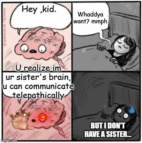 Oh no | Whaddya want? mmph; Hey ,kid. U realize im ur sister's brain, u can communicate telepathically; BUT I DON'T HAVE A SISTER... | image tagged in brain before sleep | made w/ Imgflip meme maker