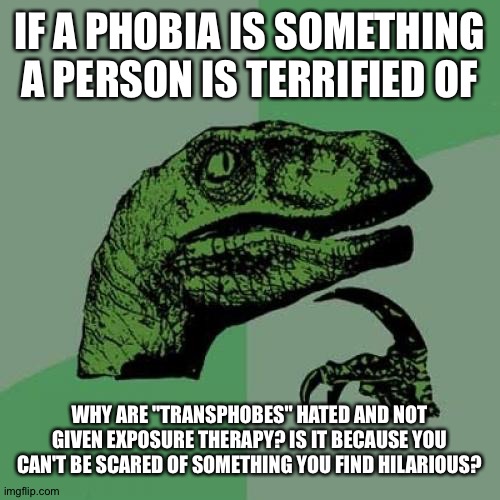 Hmmm... | IF A PHOBIA IS SOMETHING A PERSON IS TERRIFIED OF; WHY ARE "TRANSPHOBES" HATED AND NOT GIVEN EXPOSURE THERAPY? IS IT BECAUSE YOU CAN'T BE SCARED OF SOMETHING YOU FIND HILARIOUS? | image tagged in memes,philosoraptor | made w/ Imgflip meme maker