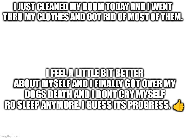 I might be getting better | I JUST CLEANED MY ROOM TODAY AND I WENT THRU MY CLOTHES AND GOT RID OF MOST OF THEM. I FEEL A LITTLE BIT BETTER ABOUT MYSELF AND I FINALLY GOT OVER MY DOGS DEATH AND I DONT CRY MYSELF TO SLEEP ANYMORE. I GUESS ITS PROGRESS. 👍 | image tagged in good | made w/ Imgflip meme maker