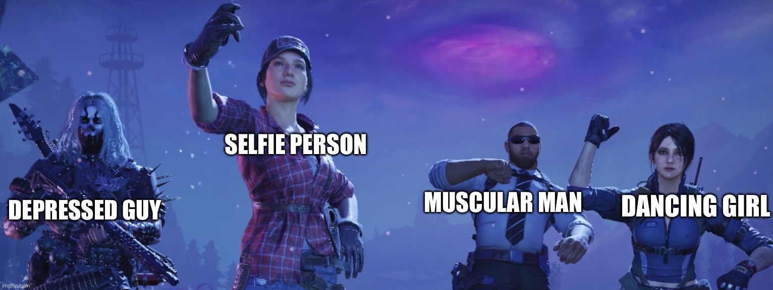 A depressed guy on the very left | SELFIE PERSON; DEPRESSED GUY; MUSCULAR MAN; DANCING GIRL | image tagged in man standing with weapon | made w/ Imgflip meme maker