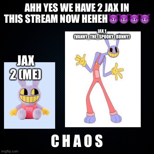 fun fact: i think am jax junior | AHH YES WE HAVE 2 JAX IN THIS STREAM NOW HEHEH😈😈😈😈; JAX 1 (VANNY_THE_SPOOKY_BUNNY); JAX 2 (ME); C H A O S | image tagged in black backround | made w/ Imgflip meme maker