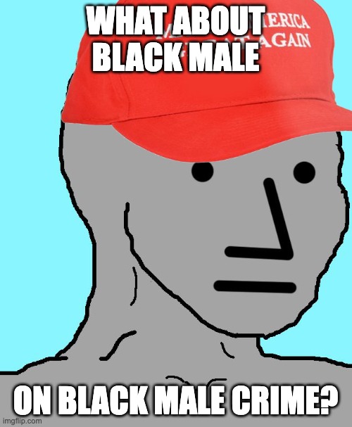 MAGA NPC | WHAT ABOUT BLACK MALE ON BLACK MALE CRIME? | image tagged in maga npc | made w/ Imgflip meme maker