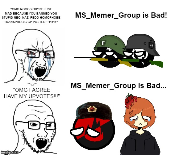 Crying Hypocrite Wojak | "OMG NOOO YOU"RE JUST MAD BECAUSE YOU BANNED YOU STUPID NEO_NAZI PEDO HOMOPHOBE TRANSPHOBIC CP POSTER!!!11111"; MS_Memer_Group is Bad! MS_Memer_Group Is Bad... "OMG I AGREE HAVE MY UPVOTES!!!" | image tagged in crying hypocrite wojak,memes | made w/ Imgflip meme maker