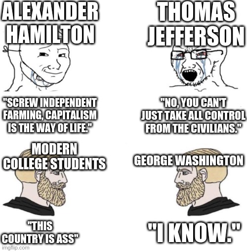 High schoolers too i just put college bc of my dual credit classes | ALEXANDER HAMILTON; THOMAS JEFFERSON; "SCREW INDEPENDENT FARMING, CAPITALISM IS THE WAY OF LIFE."; "NO, YOU CAN'T JUST TAKE ALL CONTROL FROM THE CIVILIANS."; MODERN COLLEGE STUDENTS; GEORGE WASHINGTON; "I KNOW."; "THIS COUNTRY IS ASS" | image tagged in chad we know | made w/ Imgflip meme maker