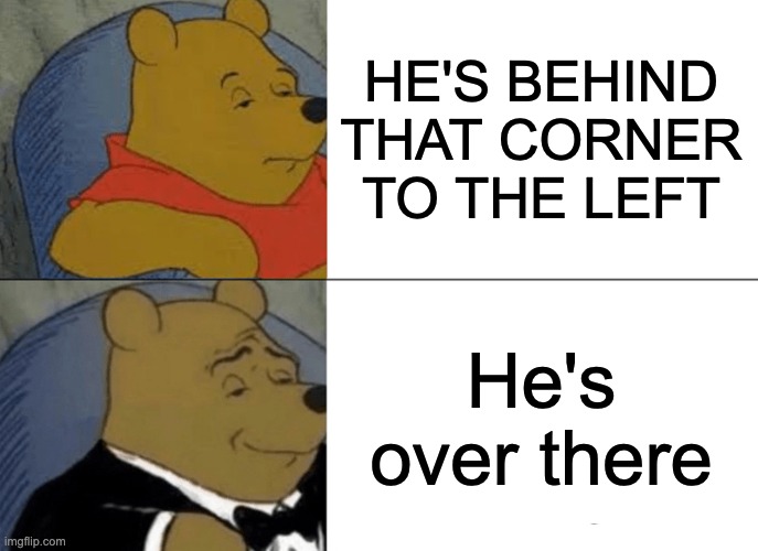 Gaming Callouts | HE'S BEHIND THAT CORNER TO THE LEFT; He's over there | image tagged in memes,tuxedo winnie the pooh,gaming,video games,team | made w/ Imgflip meme maker