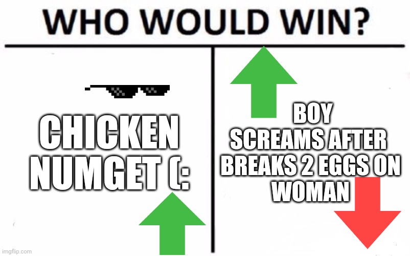 Who Would Win? Meme | CHICKEN NUMGET (:; BOY SCREAMS AFTER 
BREAKS 2 EGGS ON
WOMAN | image tagged in memes,who would win | made w/ Imgflip meme maker