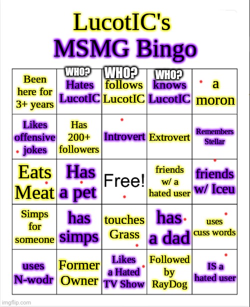 I suck | WHO? WHO? WHO? | image tagged in lucotic's ms_memer_group bingo | made w/ Imgflip meme maker