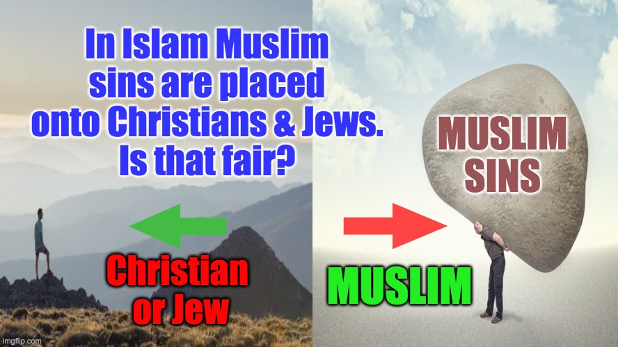 Muslim Sins | In Islam Muslim sins are placed onto Christians & Jews.
Is that fair? MUSLIM
SINS; Christian 
or Jew; MUSLIM | image tagged in islam,sins,christian,jew,muslims,theology | made w/ Imgflip meme maker