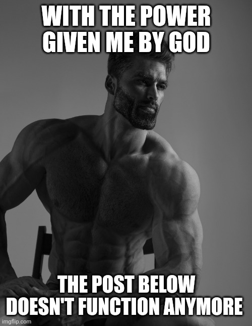 Giga Chad | WITH THE POWER GIVEN ME BY GOD; THE POST BELOW DOESN'T FUNCTION ANYMORE | image tagged in giga chad | made w/ Imgflip meme maker
