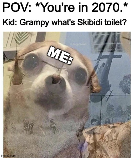 Partly reposted but skibidi is crAp. | POV: *You're in 2070.*; Kid: Grampy what's Skibidi toilet? ME: | image tagged in ptsd chihuahua,crap,true | made w/ Imgflip meme maker