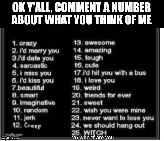 OK Y'ALL, COMMENT A NUMBER ABOUT WHAT YOU THINK OF ME; 26 who tf are you | made w/ Imgflip meme maker