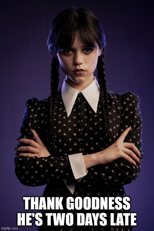 Wednesday | THANK GOODNESS HE'S TWO DAYS LATE | image tagged in wednesday | made w/ Imgflip meme maker