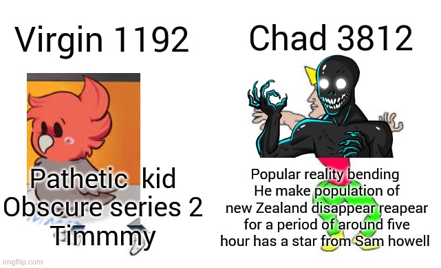 Too lazy to make 1192 png | Chad 3812; Virgin 1192; Popular reality bending 
He make population of new Zealand disappear reapear for a period of around five hour has a star from Sam howell; Pathetic  kid
Obscure series 2
Timmmy | image tagged in virgin vs chad,scp,scp meme | made w/ Imgflip meme maker